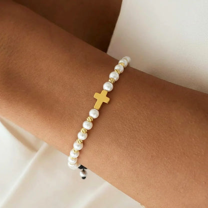 Brățară Reglabilă Perle &amp; Cruce Aurie 1+1 GRATIS