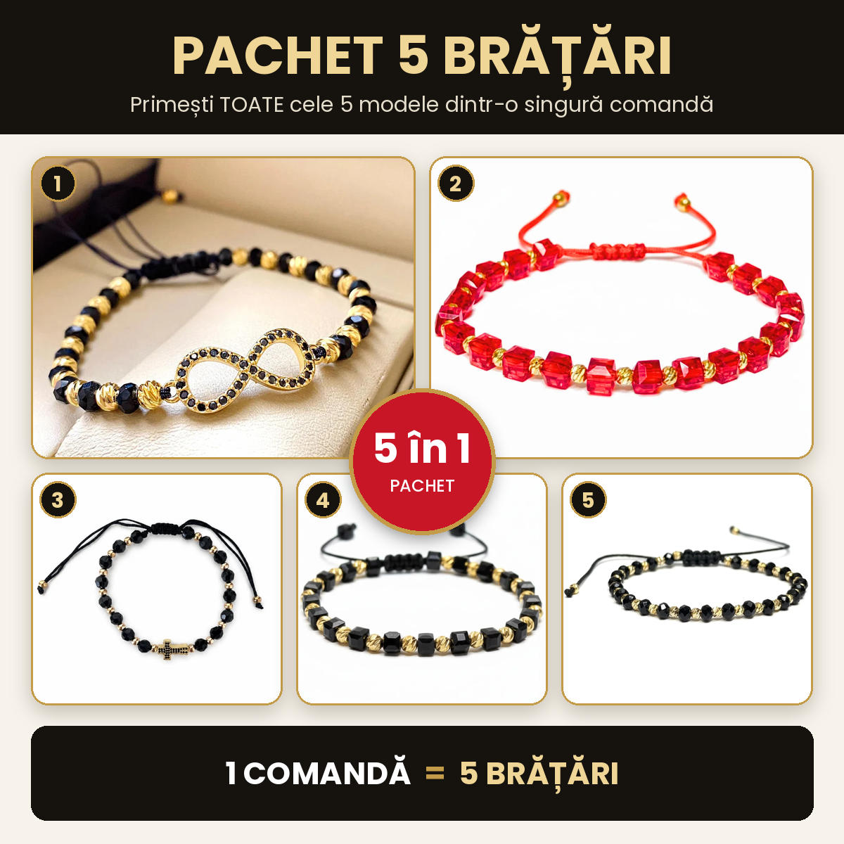 Pachet 5 Brǎțǎri Reglabile Placate cu aur 14k